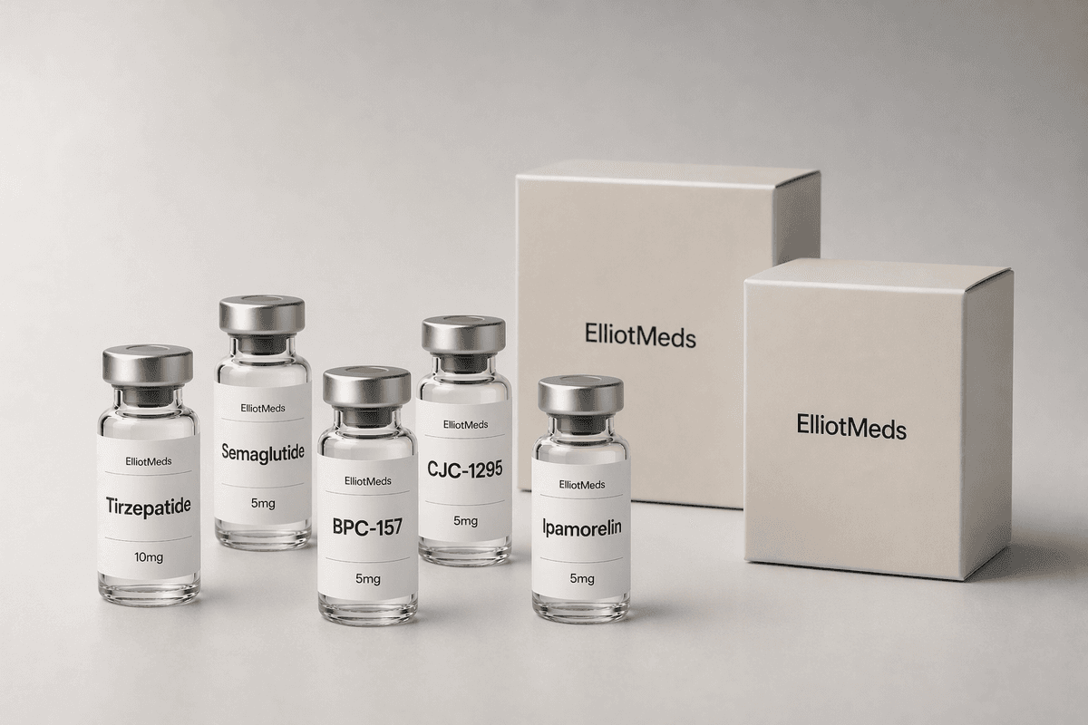 Professional telemedicine process with peptide vials and ElliotMeds packaging