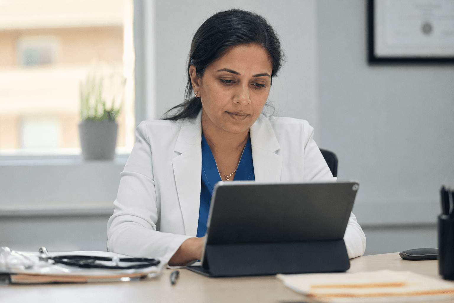 A licensed clinician reviewing a patient file